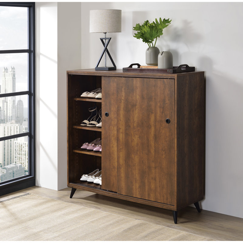 Armoire à chaussures en chêne à finition antique - 3 tablettes réglables pour boîte de rangement classique avec portes coulissantes, contenant spacieux et fonctionnel