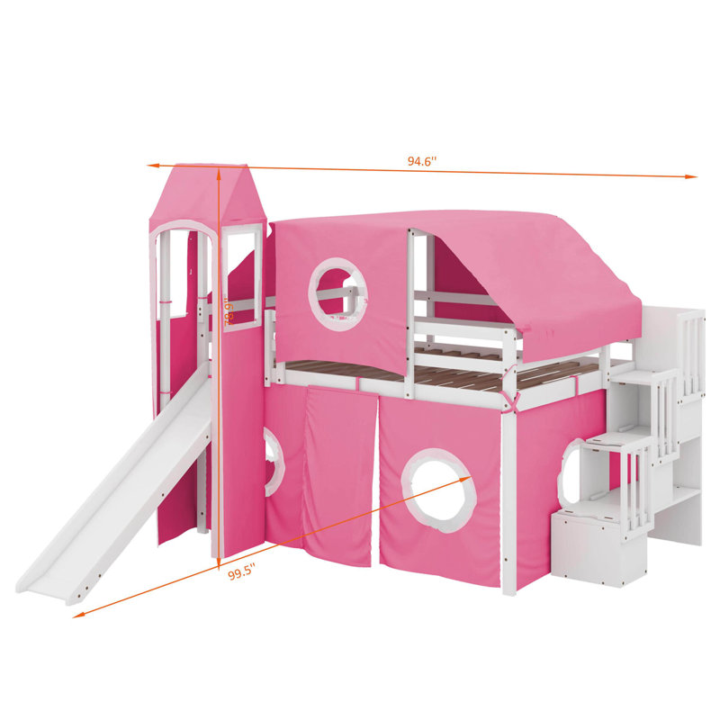 Lit mezzanine double avec tente et tour, Rose