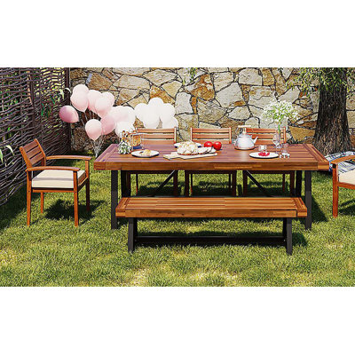 Outdoor Wood Dining Set For 7-8 Person, Outdoor Dining Furniture With Removable Cushions, Ergonomic Chairs And Bench, Thicker Table