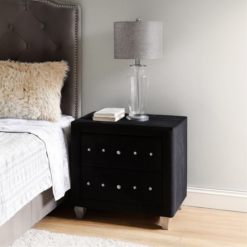 Table de chevet Rea, 2 tiroirs avec boutons en cristal, revêtement en velours noir