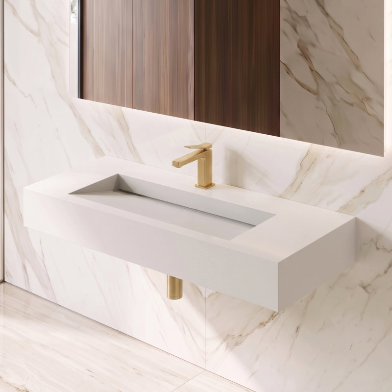 Pyramid 48" Wall Mounted Rectangular Solid Surface Bathroom Sink in Matte Finish, White, With Faucet Hole, White, Single Hole
