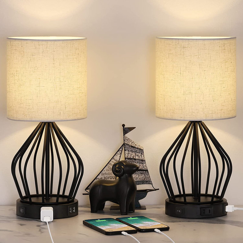 Lampe de table USB en métal Trenouth, Lin, Noir