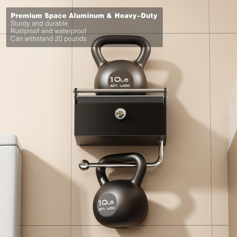 Porte-papier hygiénique avec tablette - Organisateur de salle de bain mural noir mat avec distributeur de lingettes jetables et rabat frontal