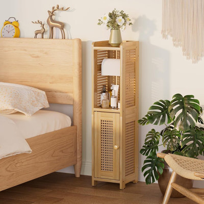 Bathroom TP Storage Cabinet – Bamboo Holder Stand With Rattan Door, Compact Size