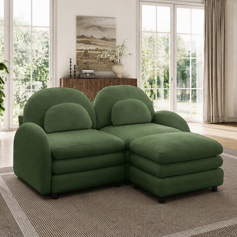 Causeuse avec dossier incurvé et repose-pieds mobile, 35.4" H x 68.5" W x 55.5" D, Green
