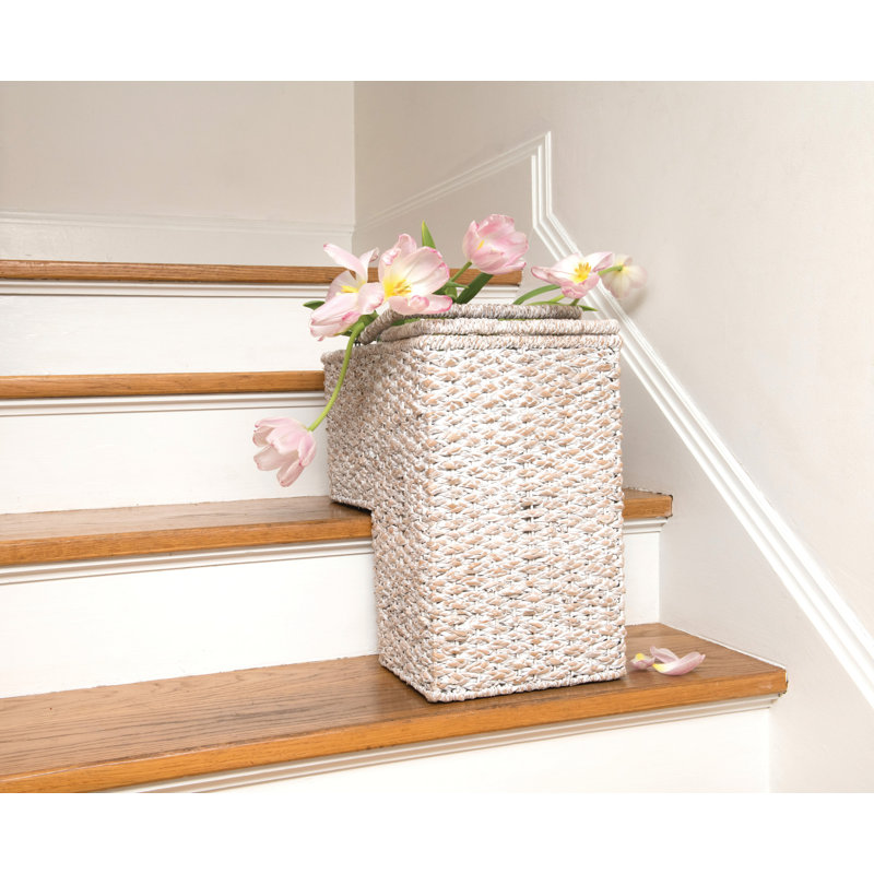 Braided Bankuan and Rattan Stair Basket with Whitewash Finish and Handles, White