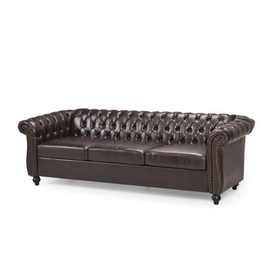 Fauteuil classique à 3 places avec revêtement et accoudoirs à volutes - siège de couleur brune avec capitonnage profond et élégant