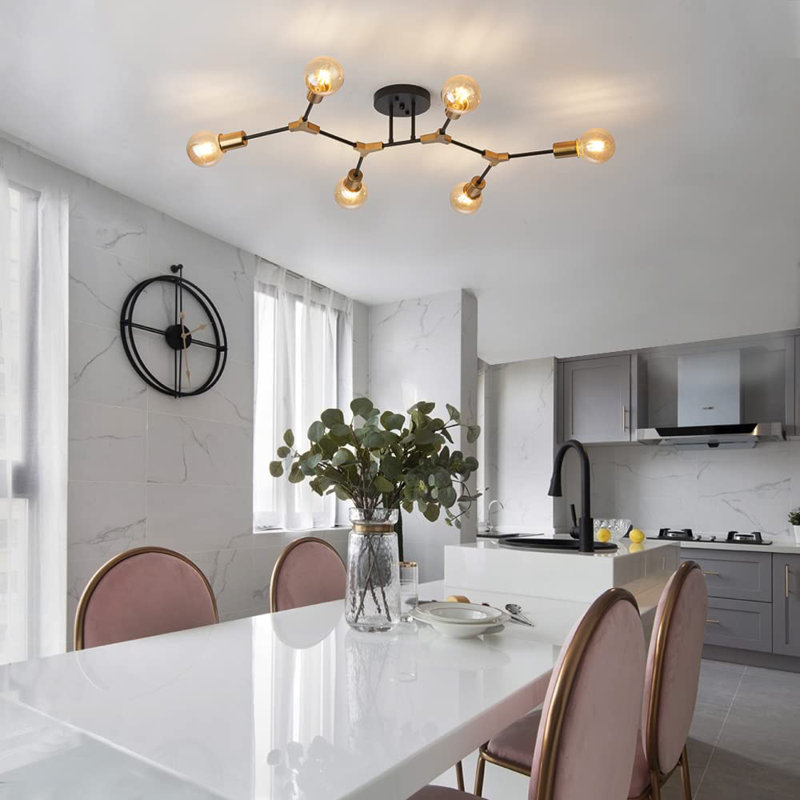 Modern Mid Centur 6 Light Semi Flush Mount Ceiling Lighting Fixture ,Minimalist Gold And Black Sputnik Chandelier