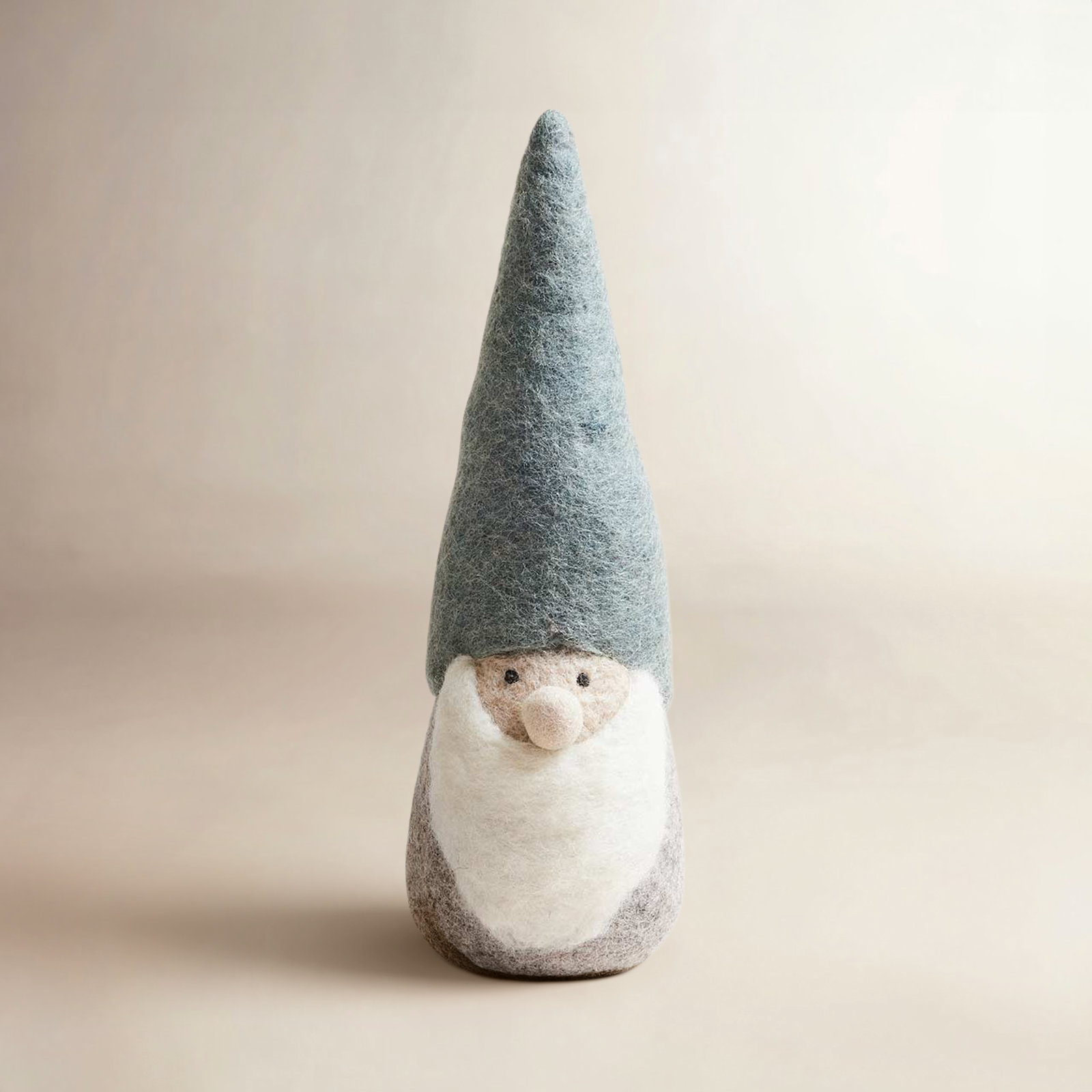 Felted Woodland Gnome, Large: 13.5" H X 4"  (diameter at base), Gray/Blue/White
