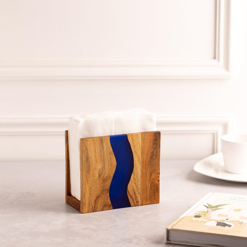 Porte-serviette de table en bois d'acacia et résine époxy transparente 6 po x 5 po x 2,5 po | Bleu