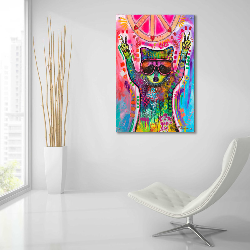 Art mural en verre acrylique, 24 po x 36 po, Trinx «Cosmic Trash Panda for Universal Peace» par Dean Russo