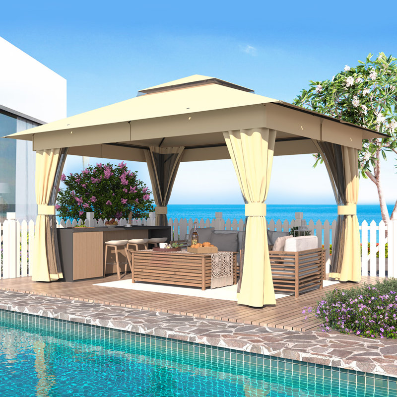 Outdoor Gray 10'x13' Canopy Gazebo, Metal Frame Canopy With Double Roofs, Heavy Duty Pavilion With Curtains And Nettings For Deck, Lawn And Backyard