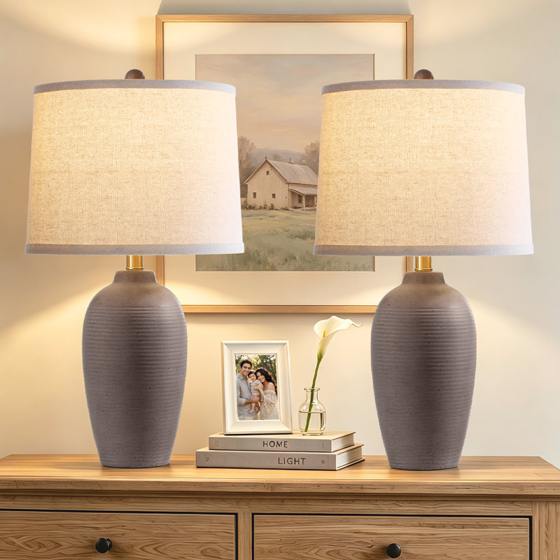 Ensemble de 2 lampes de table en céramique 25 po avec abat-jour en lin, ampoules DEL incluses, Brun