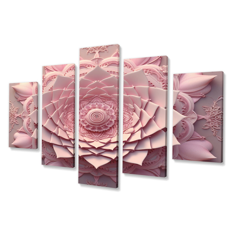 Délicat lotus rose Mandala II - Boho Mandala, reproduction sur toile - 5 panneaux