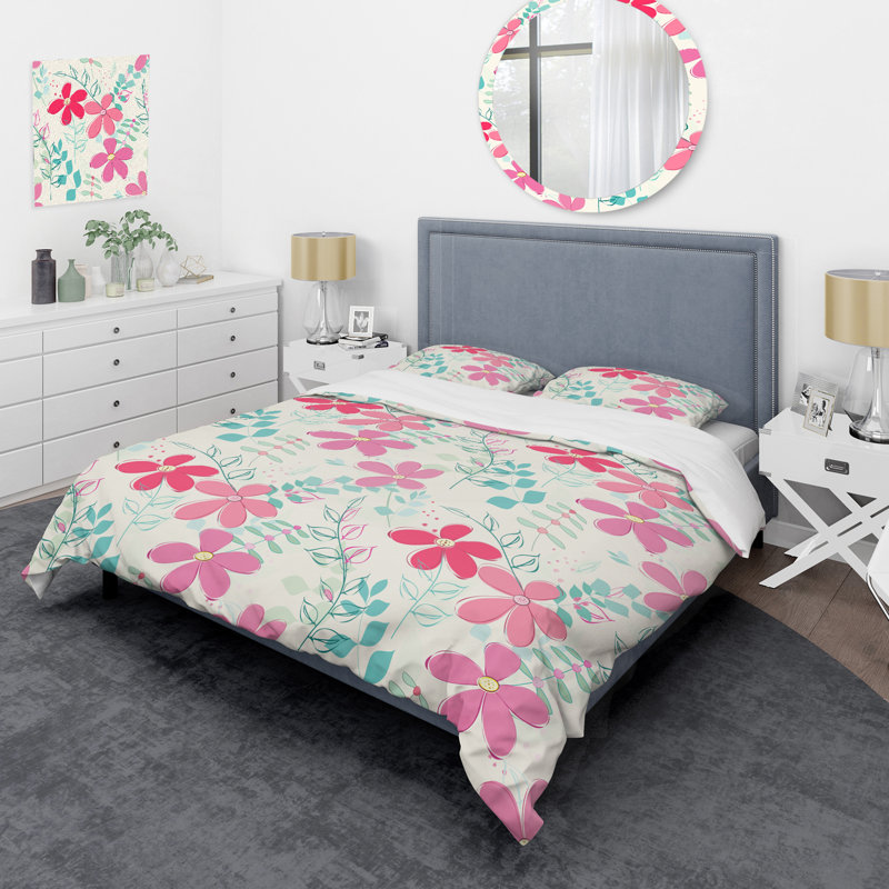 Pink Flowers - Floral Duvet Cover Set - Microfiber Polyester, King Duvet Cover + 2 King Shams