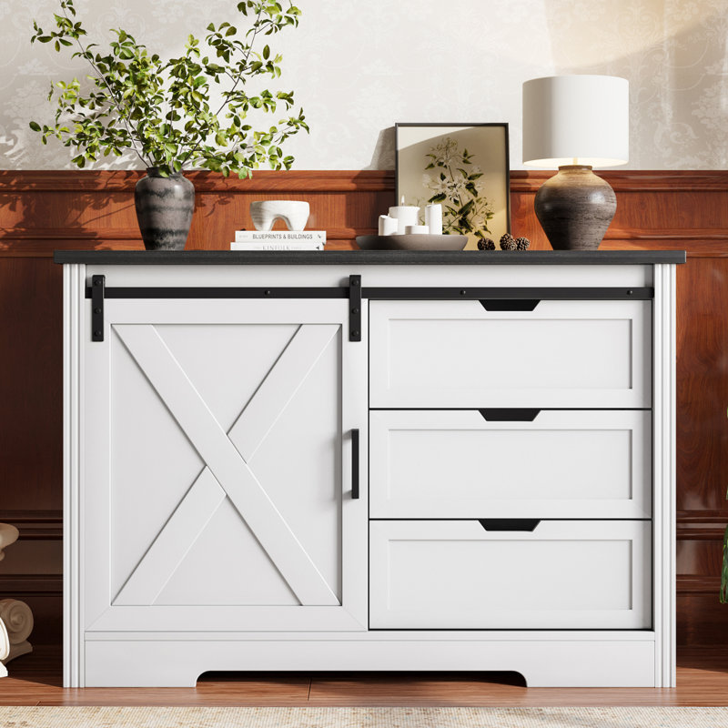 Armoire de rangement avec 3 tiroirs pour la salle à manger, Blanc/Noir
