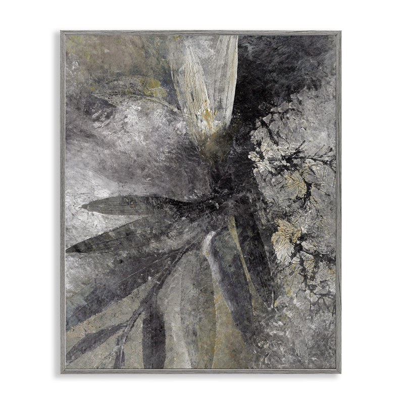 Gris abstrait botanique, impression sur bois, Encadré gris, H 20 po x l 16 po x P 1,5 po