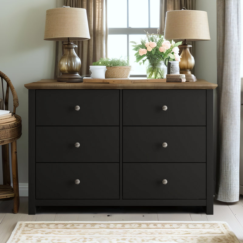 Commode double Tevrat à 6 tiroirs, Noir / chêne noueux