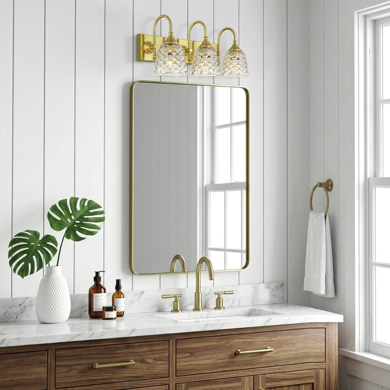 3-Light Dimmable Vanity Light With Geometric Patterned Glass, Brushed Gold