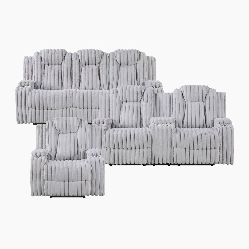 Ensemble de salon 3 pièces inclinable en velours côtelé moderne et contemporain Peryman, Gris clair