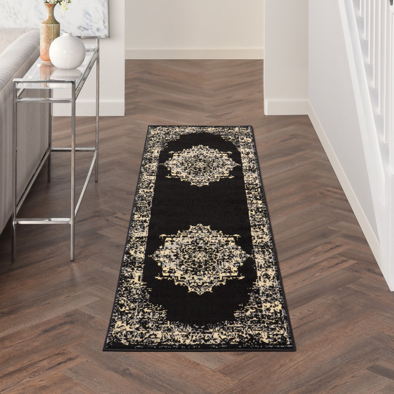 Burnie Oriental Black/Cream Area Rug, Runner 2' x 6'