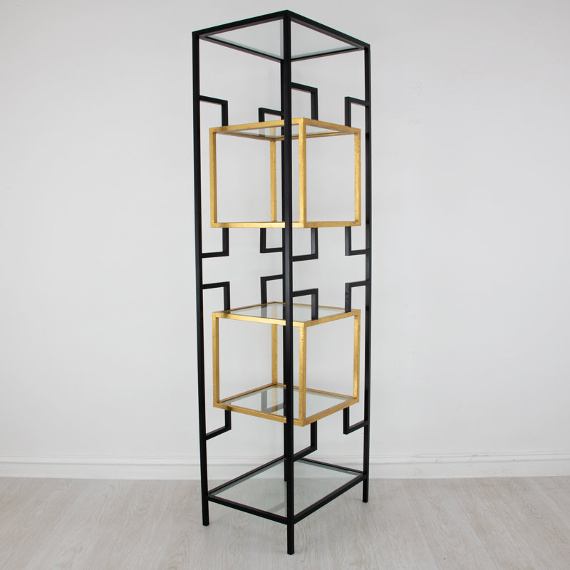 Bullani Geometric Bookcase, (5 Shelves) 80" H x 24" W x 18" D, Black/Gold