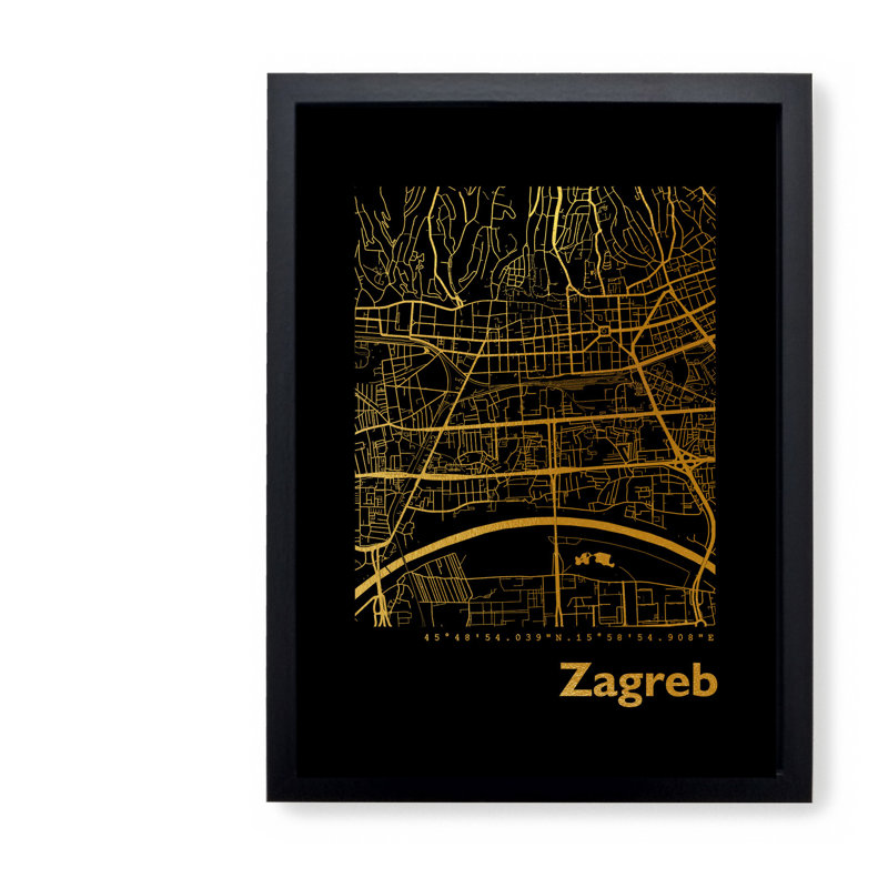 Zagreb Map - Single Picture Frame Print, 42.5cm H x 32.5cm W x 3.5cm D