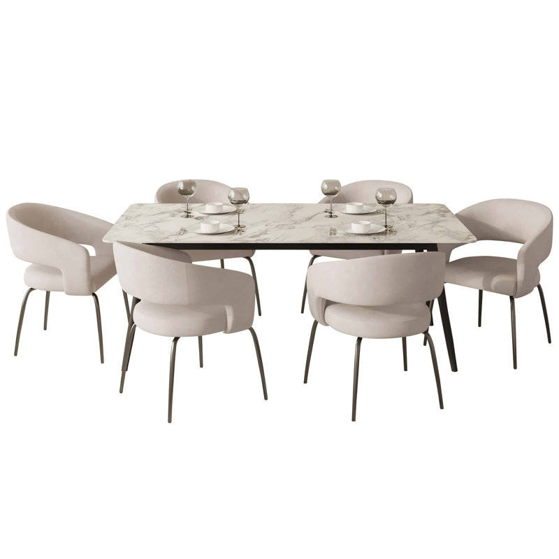 Ensemble de salle à manger 7 pièces avec table de salle à manger rectangulaire en pierre frittée et 6 chaises avec base en fer