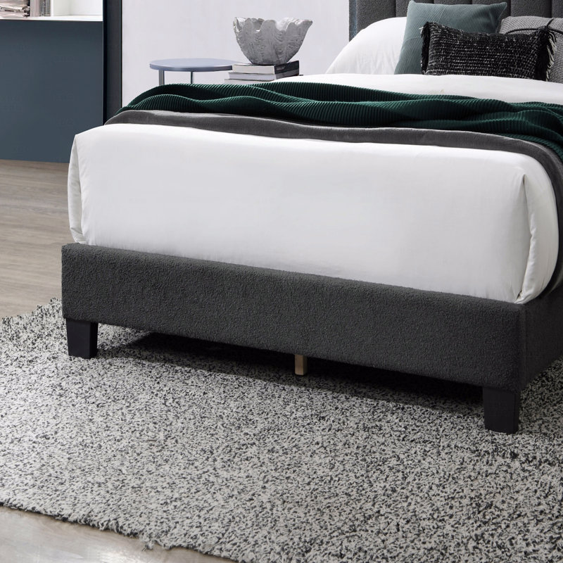 Structure de lit double 1 pièce de style moderne en tissu de laine gris anthracite revêtu de tissu d'ameublement capitonné avec éclairage à DEL et mobilier de chambre à coucher