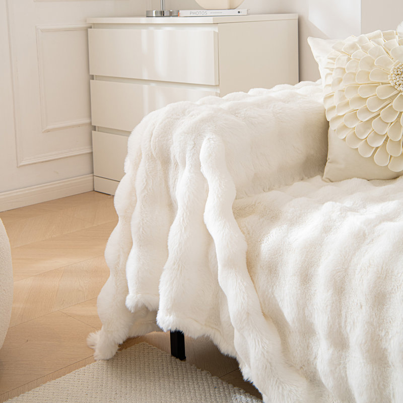 1-Piece Faux Fur Box Cushion Slipcover, 71" H x 134" W, White