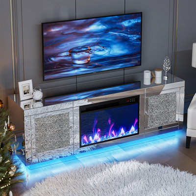 Mirrored Fireplace Tv Stand For 65+ Inch Tv, Mirrored Tv Stand With Led Light, Silver Media Entertainment Center With Crushed Diamond For Living Room