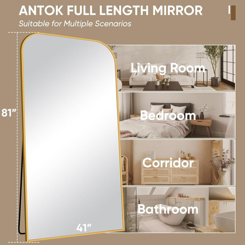 Full Length Mirror, 81"X41" Floor Mirror Freestanding, Arched Floor Standing Large Full Body Mirror With Stand For Bedroom, Hanging Mounted For Living Room, Gold