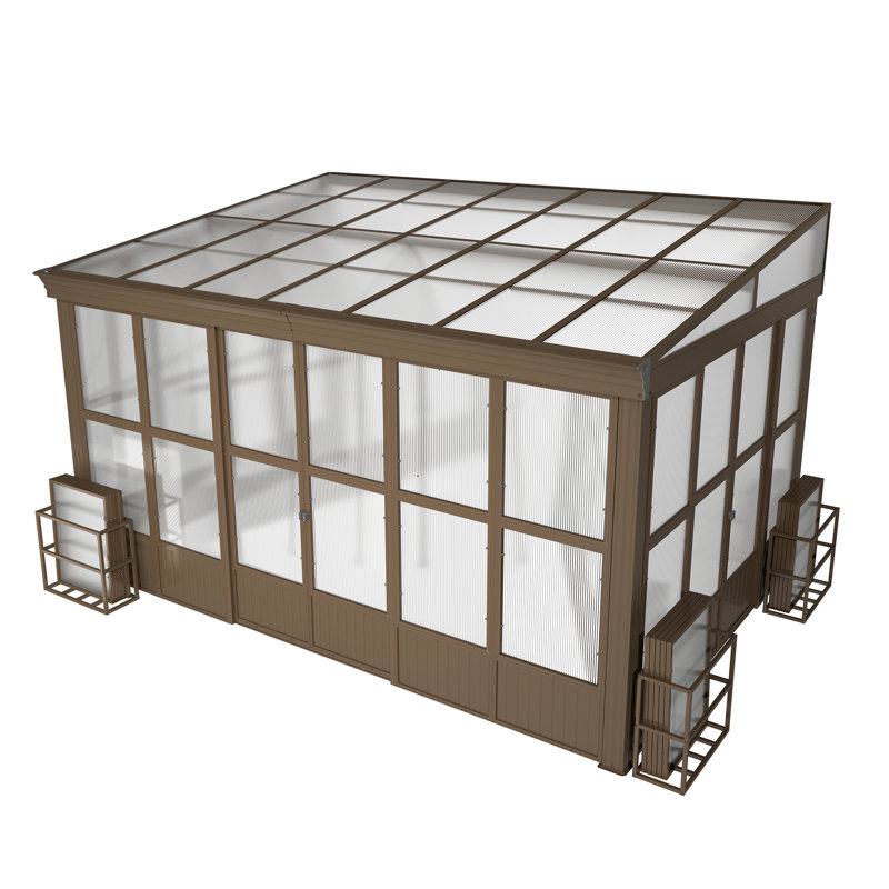 Lean-To Sunroom , Wall Mounted Solarium With Sloping Polycarbonate Roof, Detachable Polycarbonate Screens, 2 Lockable Sliding Doors, Aluminum Gazebo Against Wall Sun Room For Patio Deck