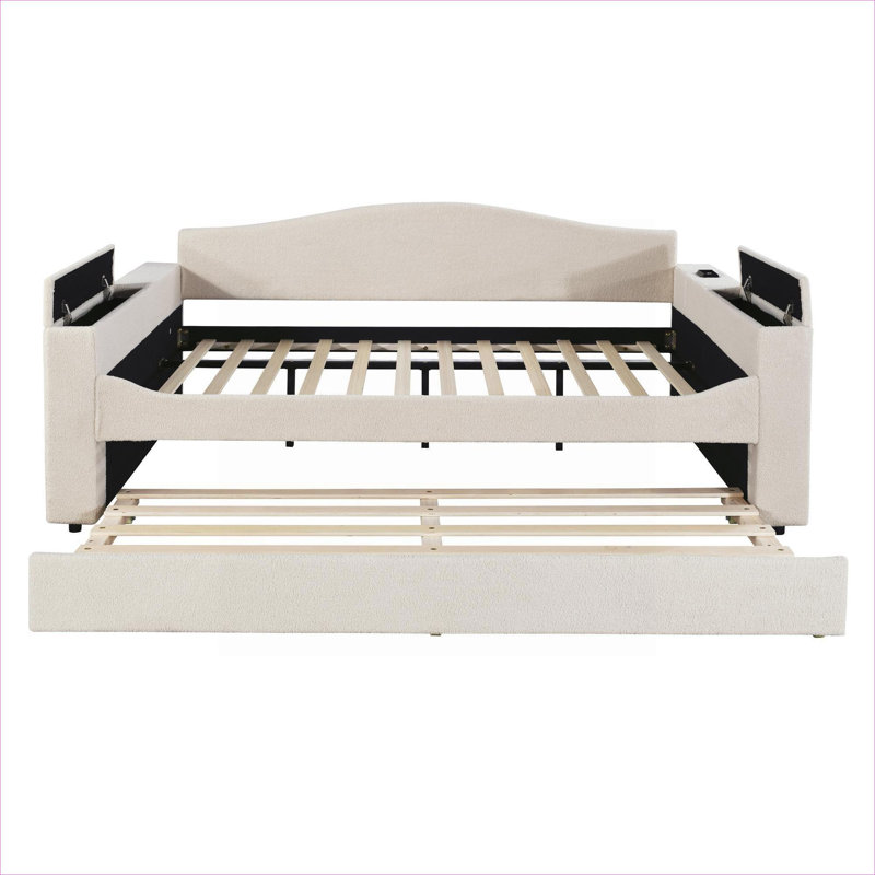Warm Beige Full Size Upholstered Platform Daybed, Sleeper Bed with Trundle, Teddy Fleece Upholstery with Storage and Bluetooth Audio