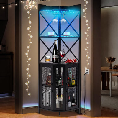 Industrial Corner Bar Cabinet with Power Outlet & LED Lights - 5-Tier Modern Black Wine Rack, for Dining Room, Living Room, Kitchen, Black