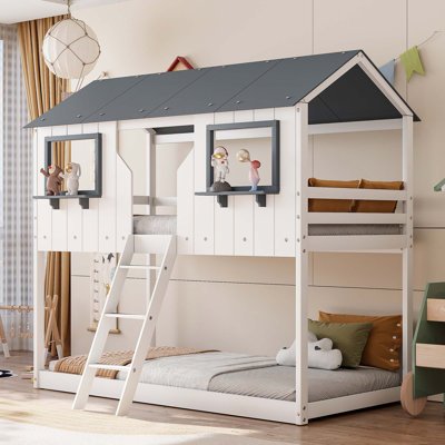 Twin Over Twin Bunk Bed Wood Bed With Roof, Window, Guardrail, Ladder (White)(OLD SKU: LT000045AAK-1)