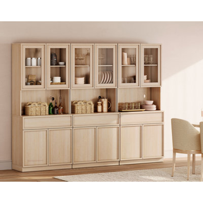 94.5" Wide Wood Sideboard Buffet with Glass Doors, Drawers & Adjustable Shelves, 72" Tall Glass Display Storage Cabinet for Dining Room Kitchen