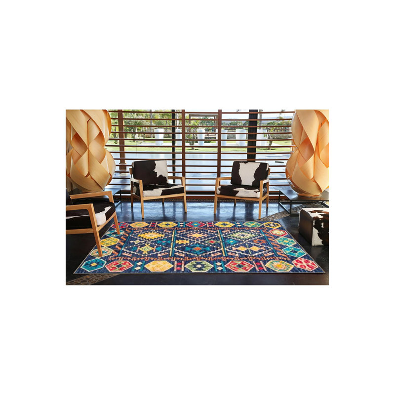 Blue Background and Geometric Patterned Woven Base Rug, Square 3'3" Rug Pad Included
