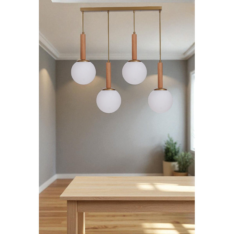 Élégant lustre en métal avec hauteur réglable, finition blanche et chêne et or, 5,9 po x 5,9 po | Plaque de base: 25,6 po x 2,4 po x 1,2 po | 4 x douilles E27 de 40 W maximum | Parfait pour la salle à manger et les espaces de vie, conception moderne