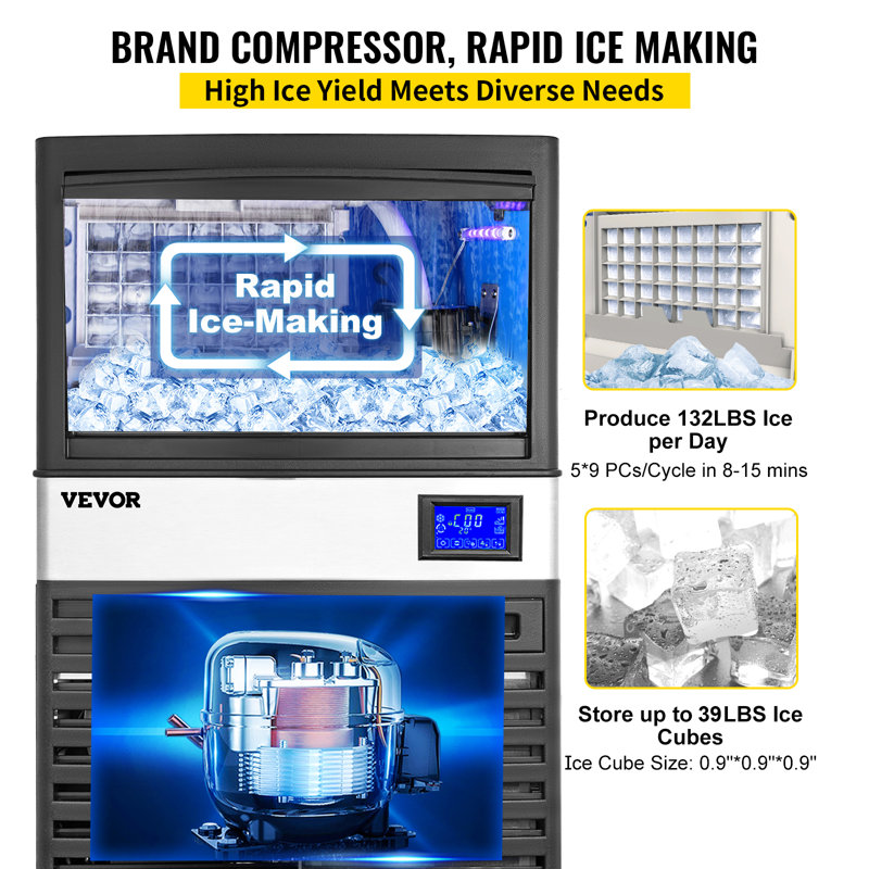 VEVOR 132 lb. Daily Production Cube Clear Ice Freestanding Ice Maker