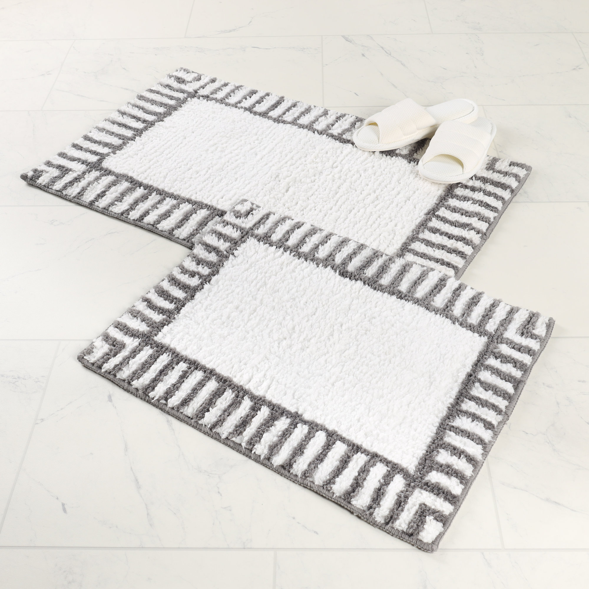 Inaya Modern Striped Plush Tufted Shag Machine Washable 2 Piece Bathroom Rug Set, LARGE- 2 Piece Set, White/Gray