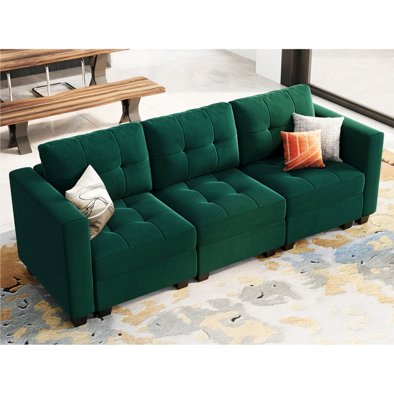 Buckleton Modern 3 Seat Velvet Sectional Couch with Tufted Cushions and Storage Apartment Size Sofa, Green Velvet