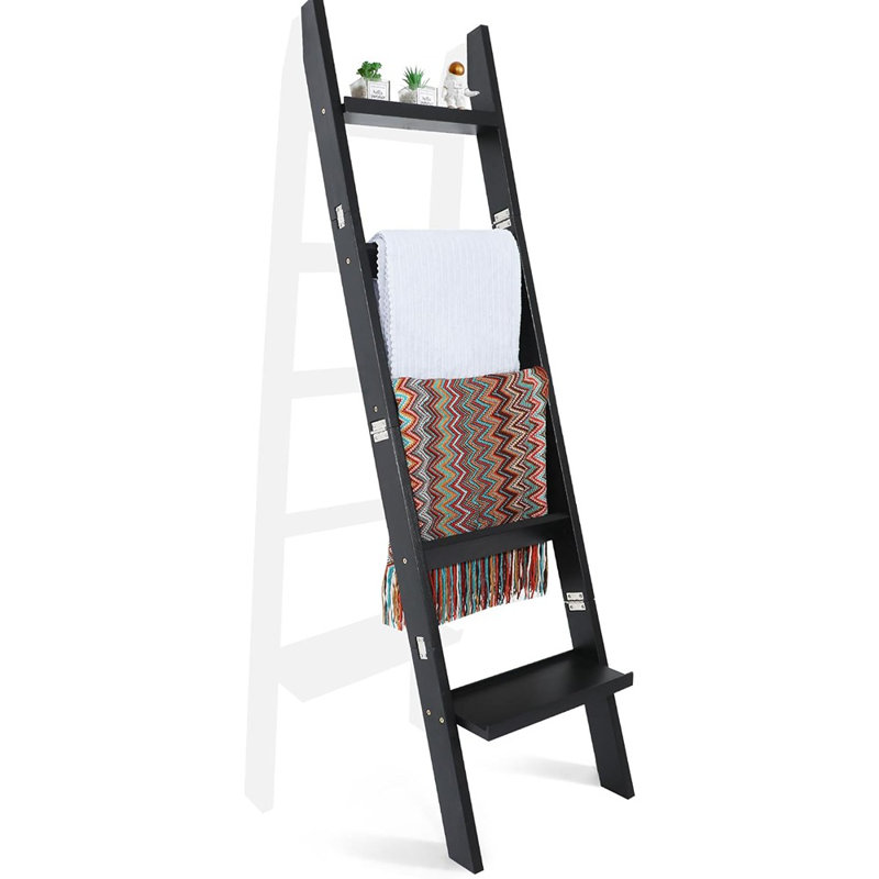 Échelles de couverture en bois pour le salon, étagère à 5 niveaux, support à échelle pour le rangement et la décoration (noir)