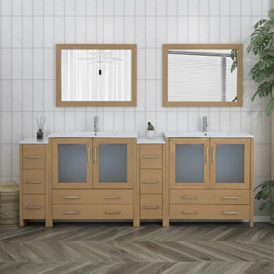 Ensemble de meuble-lavabo autoportant à double cuve 96 po avec plateau en céramique et miroirs assortis Brescia