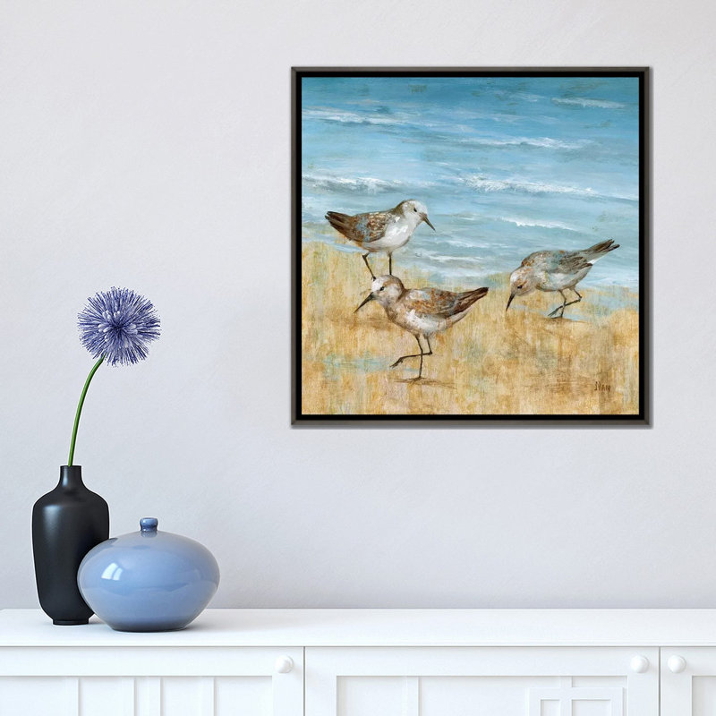 "Sandpipers II" par Nan, reproduction d’art, H 18 po x l 18 po x 1,5 po, Toile encadrée de bois rustique foncé, Pas de tapis