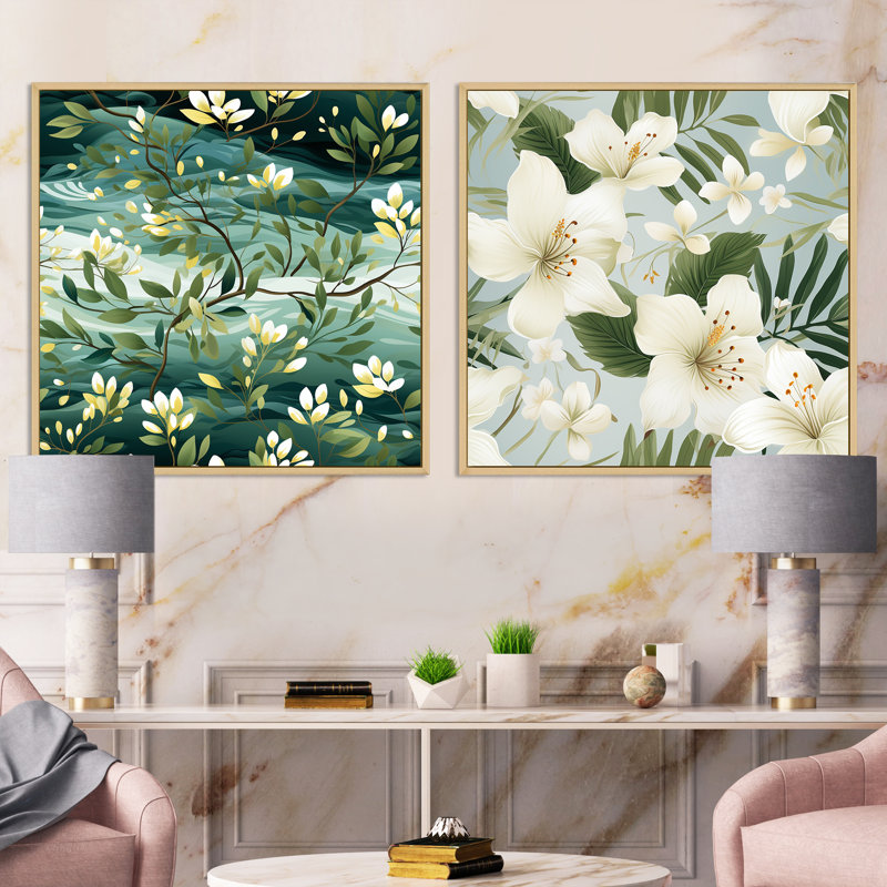 Mangrove Serenity - motif tropical - ensemble de 2 collages floraux carrés, Cadre flottant brun, H 36 po x l 73 po