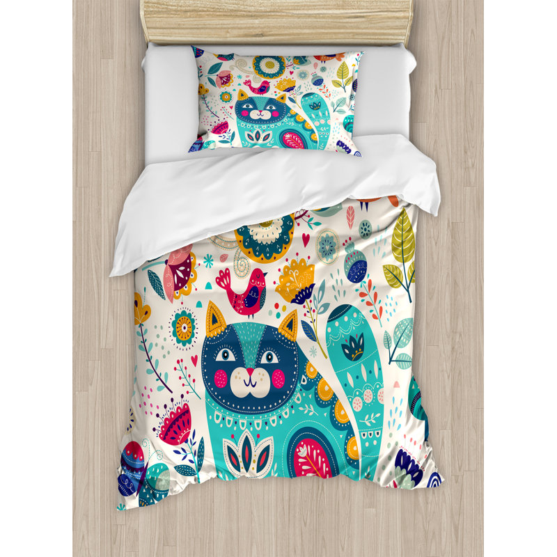 Cat Traditional Polyester Floral Duvet Cover, Twin