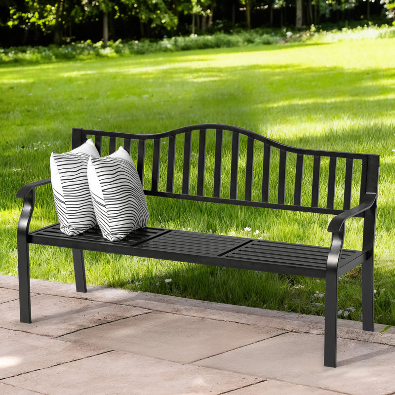 E-Coated Metal Frame Outdoor Bench with Backrest & Built-In Side Table