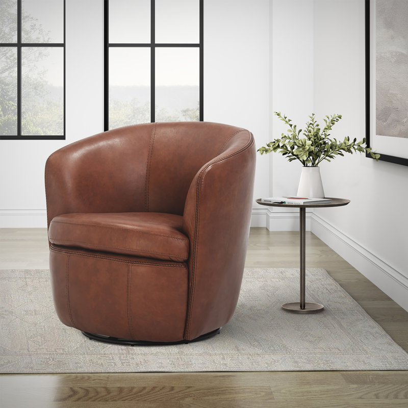 Fauteuil demi-tonneau pivotant 100% cuir italien Crandell, Cuir véritable rétro