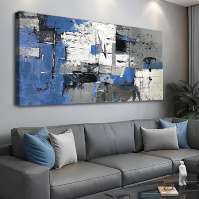 Modern Abstract Wall Art Blue Gray White Canvas Painting, Large 24"X48" Artwork For Living Room, Bedroom, Bathroom, Office Ready To Hang